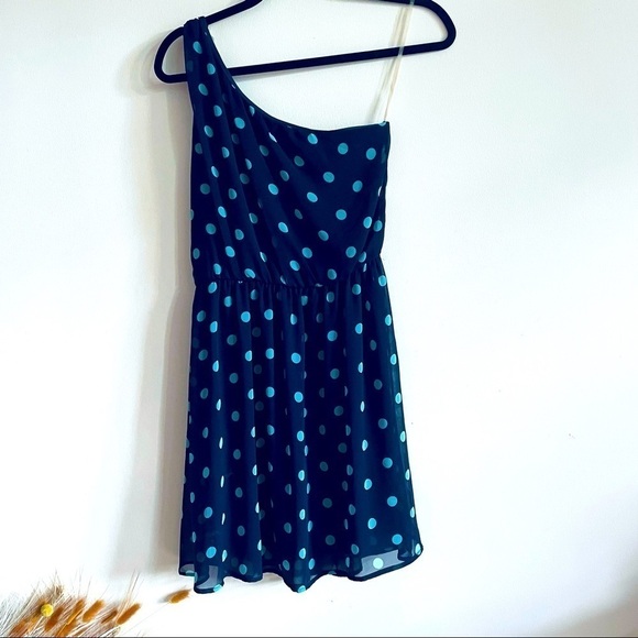 LUSH Navy & Teal Polka Dot One Shoulder Mini Dress - Picture 1 of 8